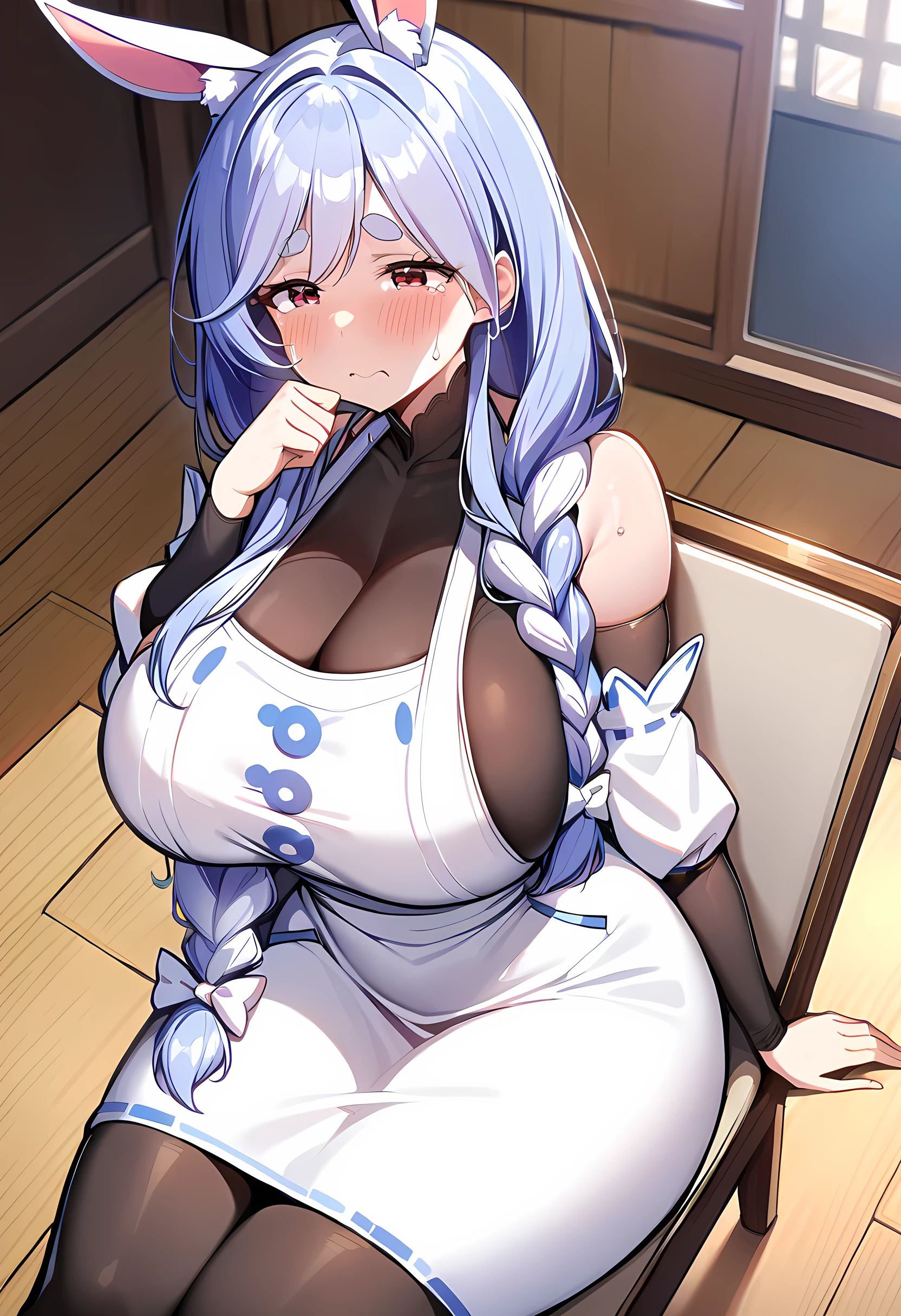 score_9_up,score_8_up,score_7_up,score_6_up,score_5_up,score_4_up,(((1 girl))),(((solo))),(pekomama), thick eyebrows, droopy eyes,rabbit ears, animal ear fluff, long hair,braided ponytail,((( white tops;1.5))),((( white long skirt))),(( apron)),(( black pantyhose)), detached sleeves, carrot hair ornament,mature female ,sagging breasts,curvy,(sitting living chair),(((sad :1.9))),sweat on face,indoor,in the woodhouse,looking at another ,Close up to girl,