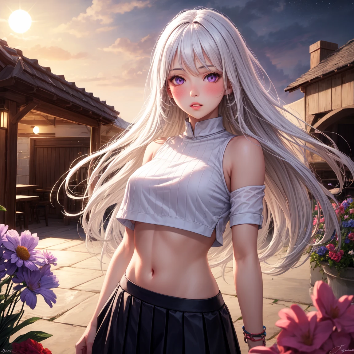 realistic, 1girl, white hair, purple eyes, glowing eyes, crop top, skirt, parted lips, blush, night, flowers, sun, sunlight, camel toe, wet, naked girl,