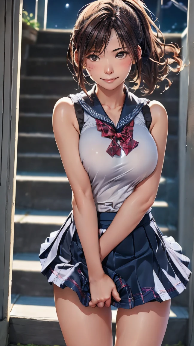 SFW, (Dynamic Angle), View your viewers, 
Short Bob Cut:1.5, Japanese, 20-year-old girl:1.5, Wide-set eyes:1.5, Wet Hair, blush, Very white skin, Open the mouse a little, Moderate ASS, Small breasts, smile, ((school uniform:1.2)), 
(8K, RAW Photos, Highest quality, masterpiece:1.2), (Realistic, PhotoRealistic), (Extremely Detailed 8K Wallpaper), (Anatomically completely correct:1.5, Beautiful and detailed eyes, Detailed painted face), 
sunset, ((Port town:1.2, Many small islands々:1.2, There are many white steep stairs on the mountain:1.2, Temple on the mountainside:1.2, Island on the opposite shore々A large bridge connecting:1.2)), 
From the back, From below:1.2, From the side:1.2, whole body, 
((Professional Lighting:1.5))、The wind blew and flipped her skirt, revealing her white panties,