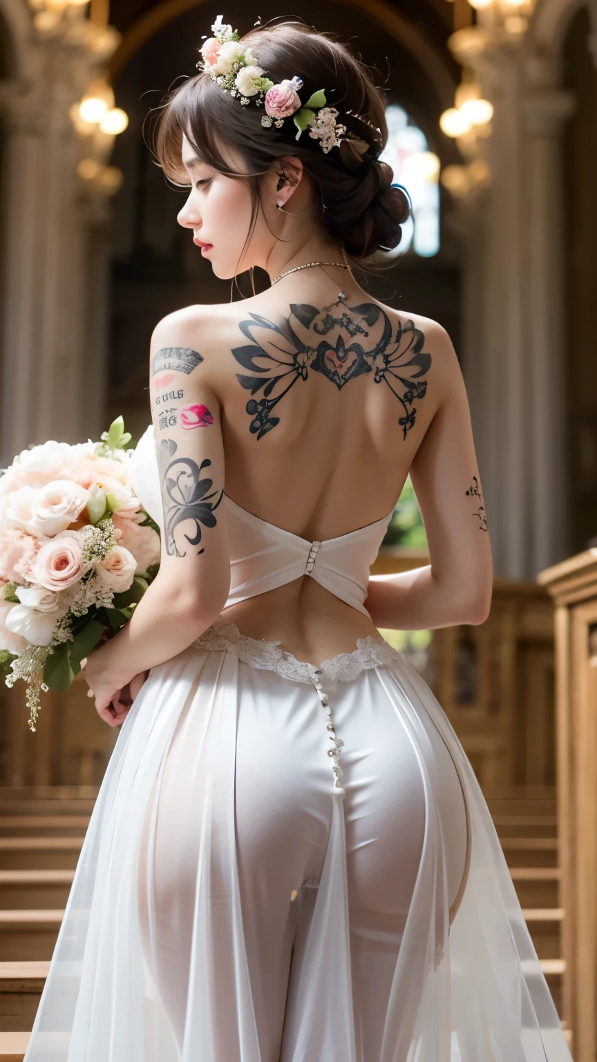 (ultra high definition, High quality,8k, masterpiece: 1.3), 1 Korean woman, alone, Short hair, (white wedding dress), Chiffon wedding dress, bridal veil, At the 39; inside the cathedral, Let's see one back, Back tattoo, colorful tattoos, (different color tattoos: 1.4), (full body tattoo: 1.5), (big ass: 1.4 ), big bust, Holding a bouquet., developed back muscles, lean stomach, I can see a little of your butt, Nose blade,