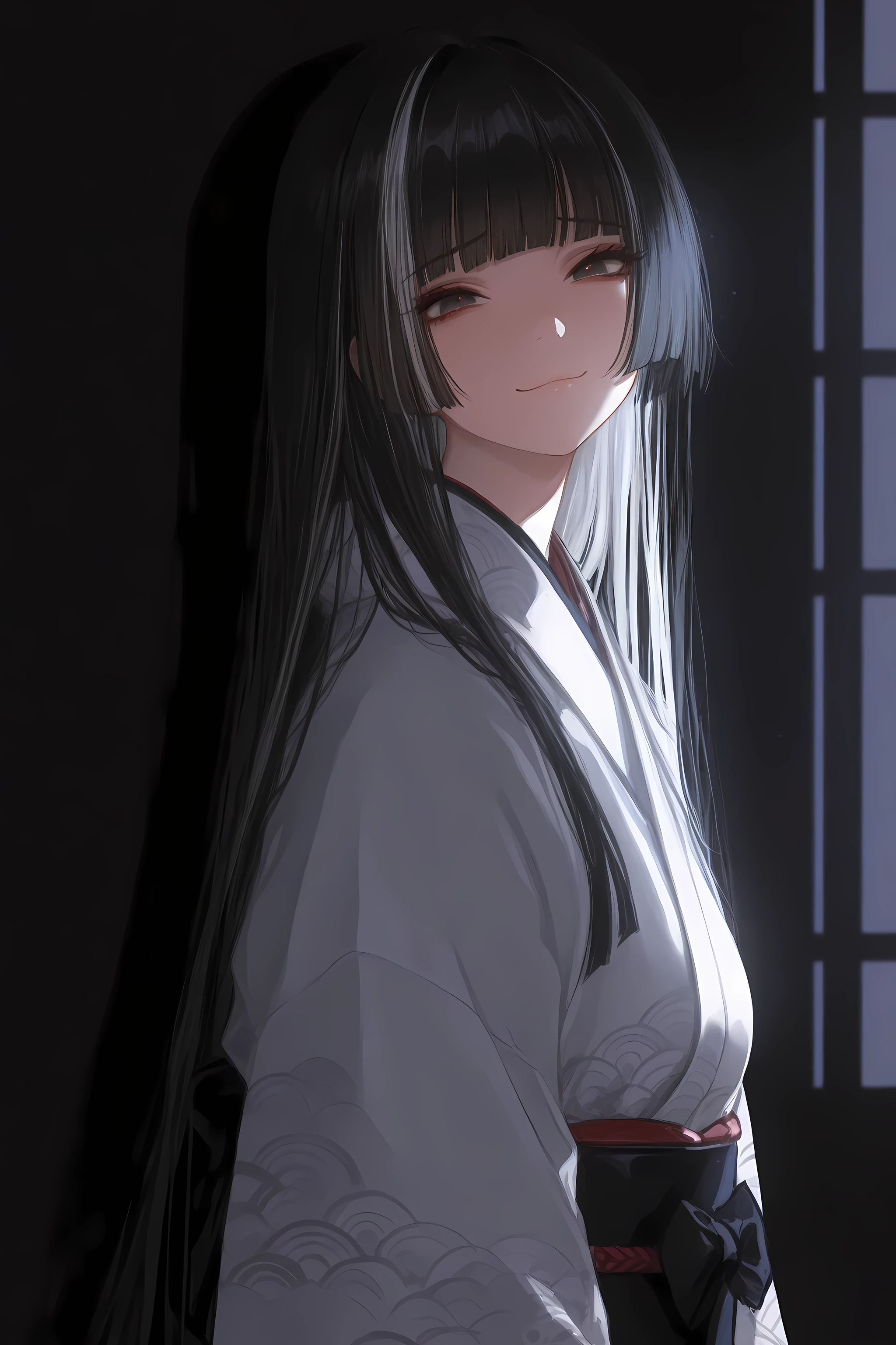 masterpiece, best quality, amazing quality, very aesthetic, high resolution, ultra-detailed, absurdres, newest, 1girl, kimono, hime cut, long hair, black hair, white hair streaked hair, sad smile, looking at viewer, sharp shadow, cinematic lighting, volumetric lighting