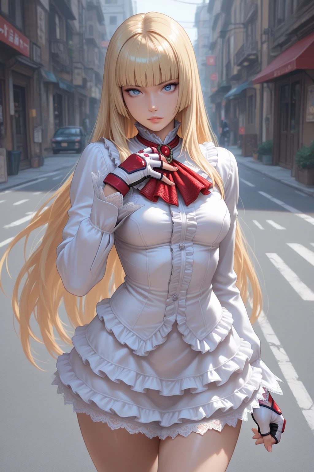 masterpiece, best quality, super detailed, beautiful detailed face, intricate details, flat color, depth of field, outline, overall view, camera far away, girl, standing far, teenager, anime, standing, full-length, visible full-length, wide stance, (legs wide apart: 1.4), (combat stance: 1.7), (goes on the attack: 1.6), (looks at the viewer: 1.1), looks at the camera, (village: 1), nature, (blonde: 1.6), (twintails:1.5), red pleated miniskirt, red skirt, white shirt, white shirt, unbuttoned top buttons, unbuttoned shirt, white blouse, (without bra:1.1), plunging neckline, black tights, detailed leather texture, detailed fabric texture, huge breasts, (blue eyes:1,1), (ruddy:1), (dissatisfied:1.4), (angry:1.3), (furious:1.6), (frowned:1.2)