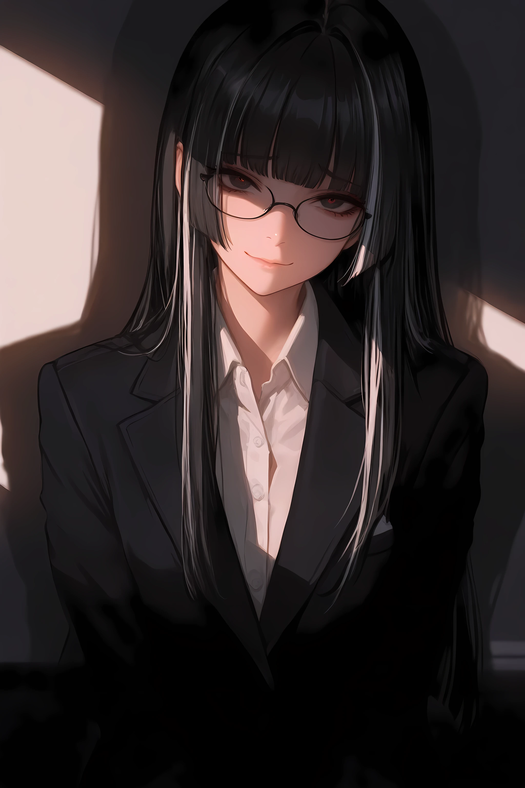 masterpiece, best quality, amazing quality, very aesthetic, high resolution, ultra-detailed, absurdres, newest, 1girl, office suite, glasses, hime cut, long hair, black hair, white hair streaked hair, sad smile, looking at viewer, sharp shadow, cinematic lighting, volumetric lighting