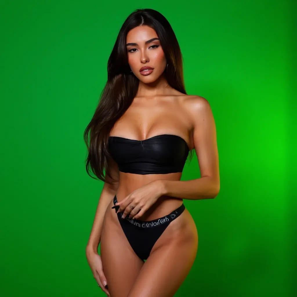 Full body shot of an attractive libanese egirl woman lauging in colorful designer lingerie, kardashian face, with lightbrown skin, natural, no make up,  big breasts, natural imperfections, black hair, at professional fashion photo studio with set and photolights, taken using a Canon EOS R3 with RF 1200mm f8 L IS USM, camera angle from side and below, natural light, Full Body, Realistic Photography, Hyperdetail, Ultrahd, ultrahd, hdr, - no bad hands