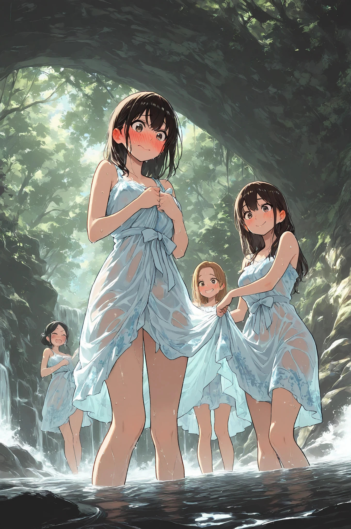 ((Nude daycare nudist))、 beautiful legs、juvenile、Badly torn clothes are scattered around、Unstable buoyant dust storm、Amazing dynamism、great angle、fun、Group selfie