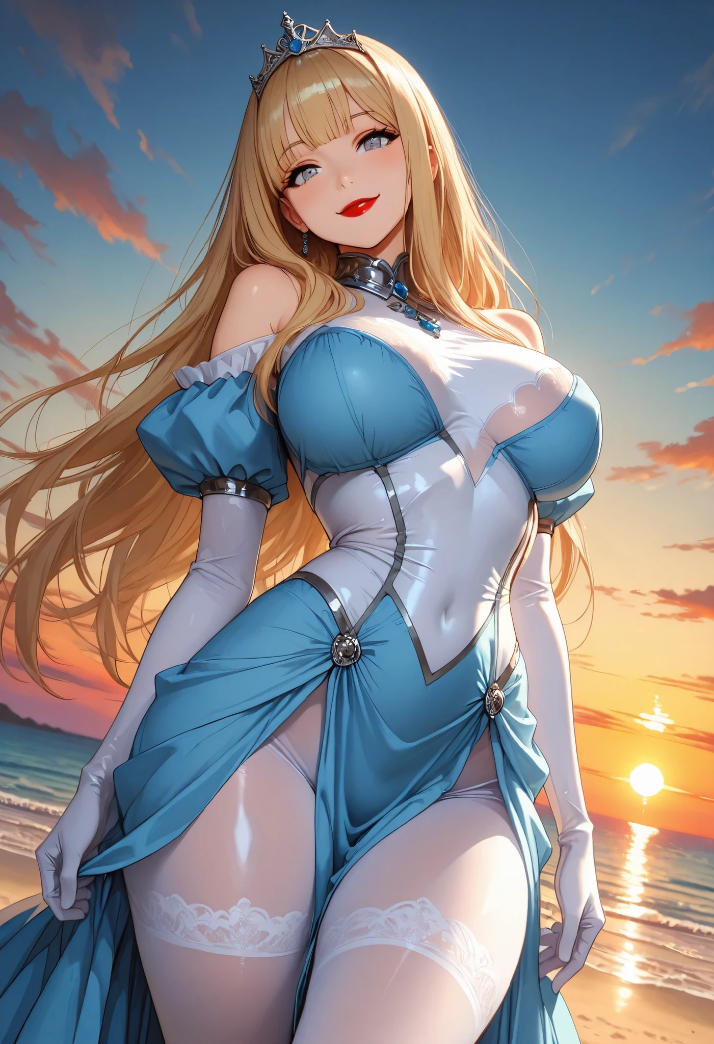 masterpiece, best quality, extremely detailed CG unity 8k wallpaper,((Upper Body)) ,((Upper Body head close-up shot of a beautiful girl)), , Elegant Long straight blonde hair, (Mckenna Grace), ((gigantic breasts,Plump,Thick thighs,Autoluminescence skin)),Transparent (purple-blue) golden (Glittering tutu,long Bunny Ear Headgear, , Bow-tie, No panties, genitals visible), ((,spread legs)),(), (Blush), , (seductive smile), (A world of ice and snow), pretty face, key art, award winning, intricate detail realism hdr, by (ruan jia and artgerm and range murata), Photorealism, Hyperrealism, ultra realistic, dramatic light, intense shadows, gorgeous view, depth of field