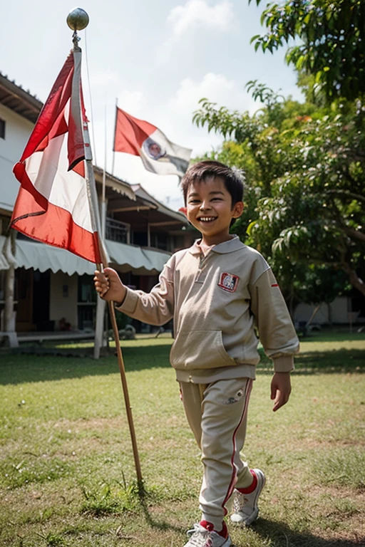 Create a vivid and heartwarming image of a young boy holding the Indonesian flag. The boy is around 7 years old, with short black hair and a bright, innocent smile on his face. He is wearing a traditional Indonesian outfit, complete with a batik shirt and comfortable, loose pants. The boy stands proudly, holding the red and white flag of Indonesia high above his head with both hands. The flag flutters gracefully in the wind, showcasing its vibrant colors.