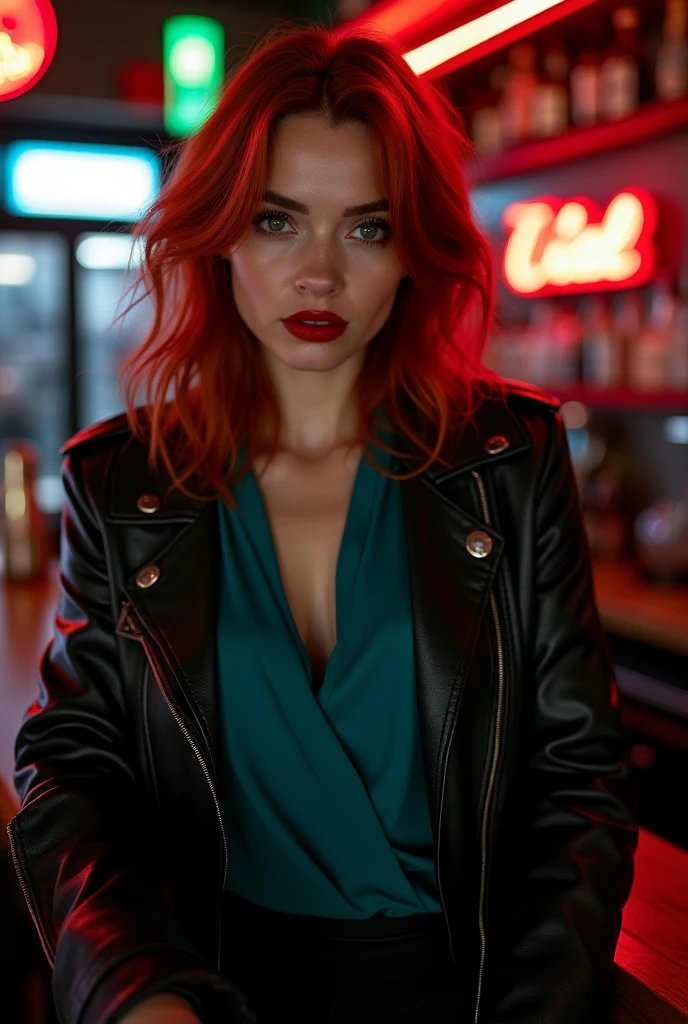 portrait photo of young punk woman with ((short red hair)) wearing esjacket at a nightclub sitting at bar, (masterpiece) (best quality) (detailed) (8k) (HDR) (wallpaper) (cinematic lighting) (sharp focus) (intricate) <lora:ElexisSinclair_v3:0.5>