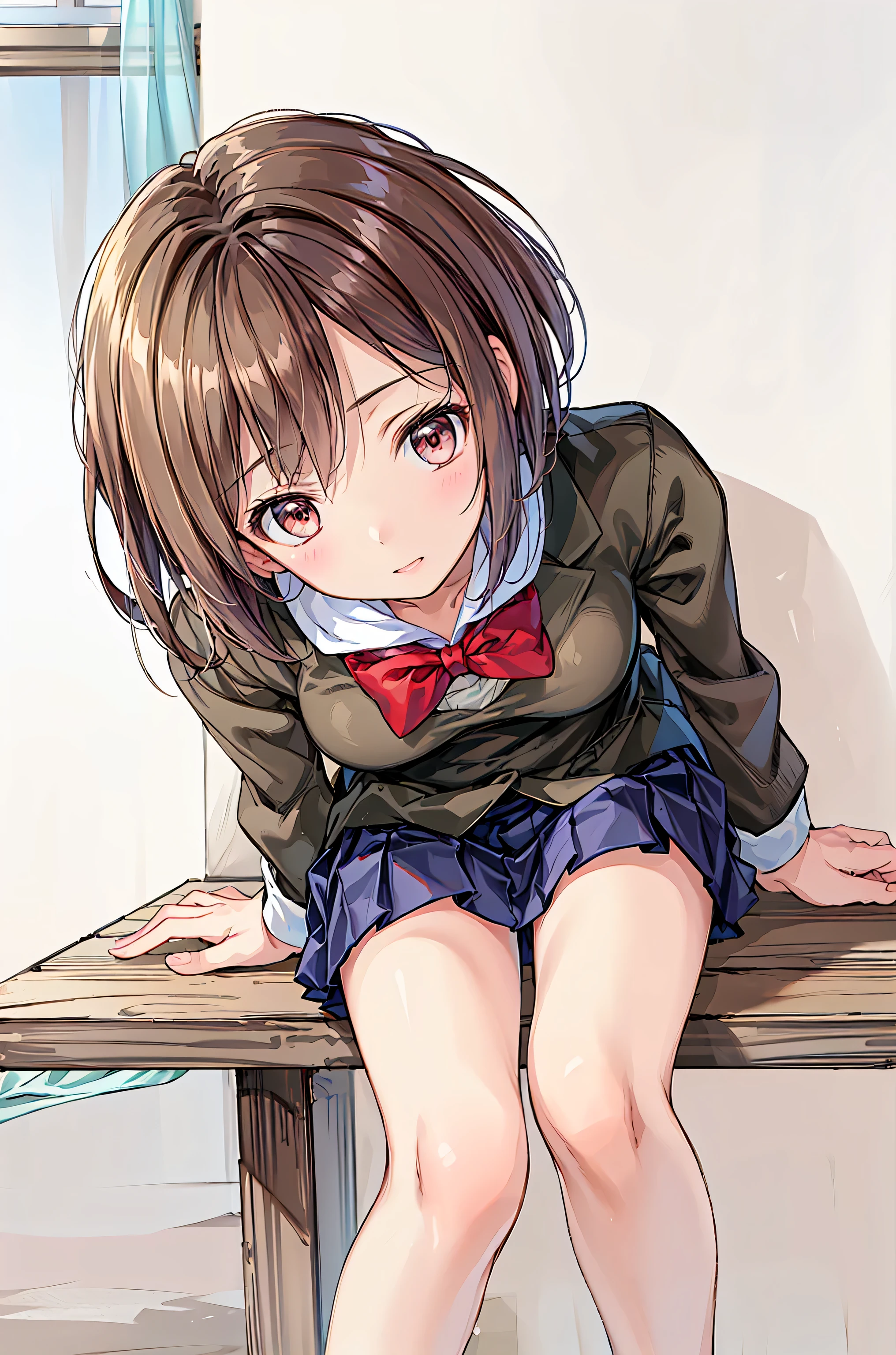 1girl, solo,(best quality),(masterpiece:1.1),Kousaka Honoka,(school uniform:1.4),dress, looking_at_viewer, neck_ribbon, cute, clear facial skin, little smile