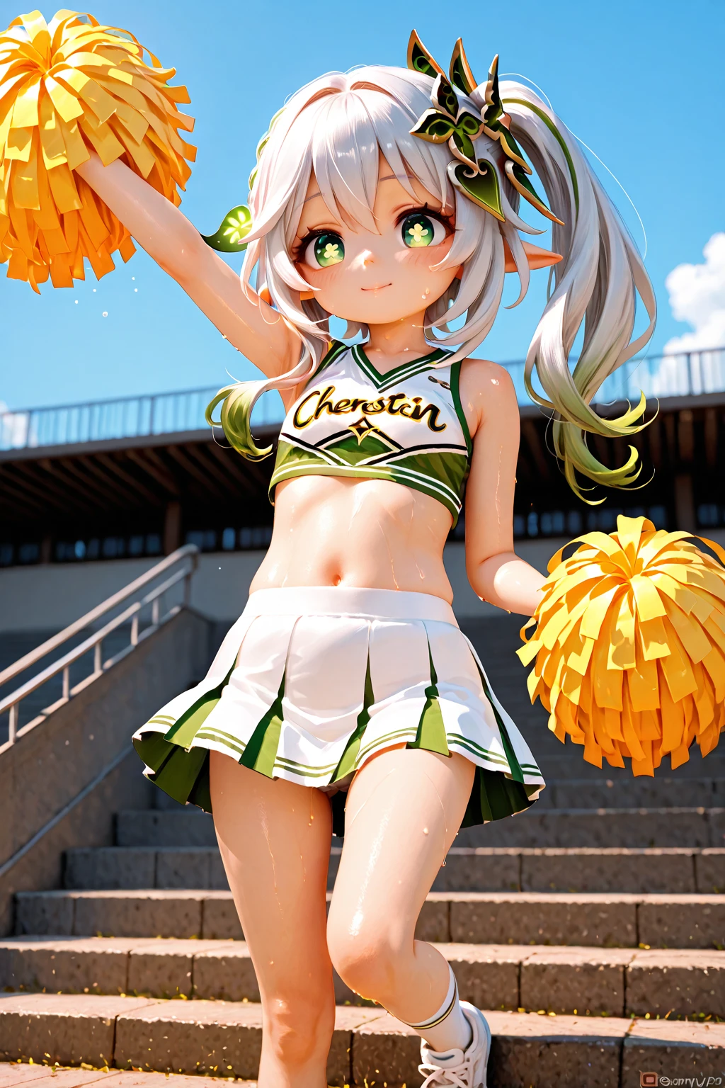full bodyesbian, Long emerald green hair, chiquita, Stretch out with one hand, Stand on the ground on one foot, short  skirt, cheerleading, Colorful --auto