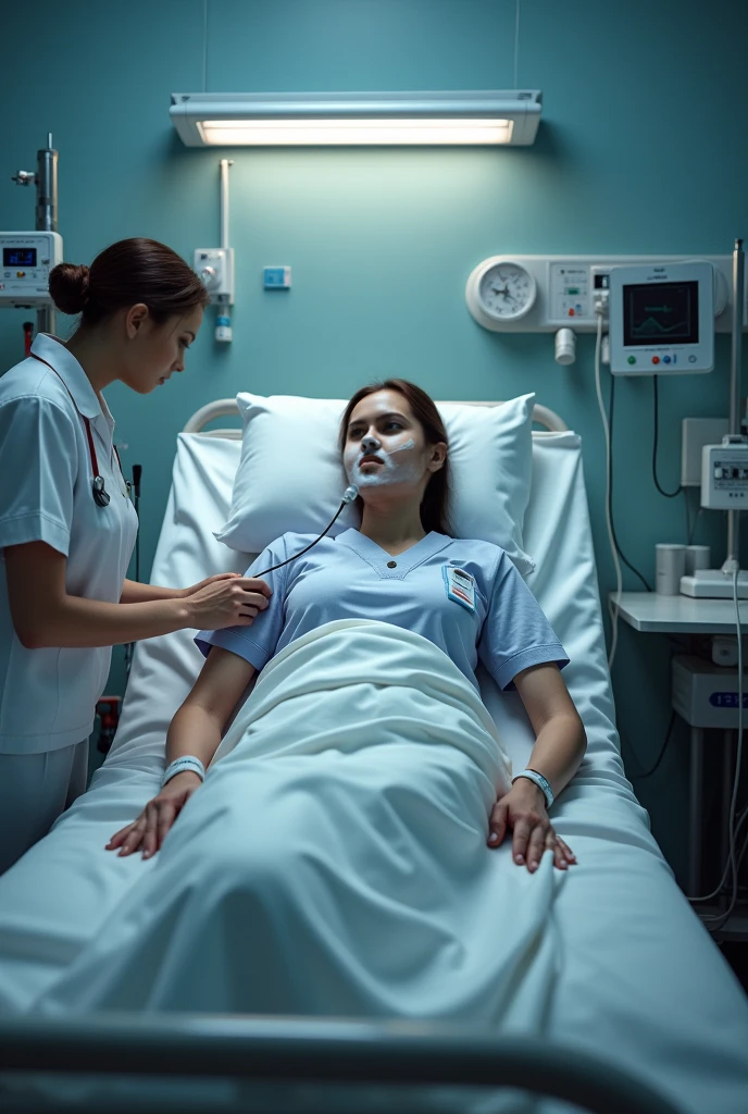 A bangladeshi  black woman her age is 55

  she  lies in magura shadar hospital beds left side on oxygen, cover by blankets, beside a nurse 
 she is a heart attack peshaint. Beside lots of beds, 