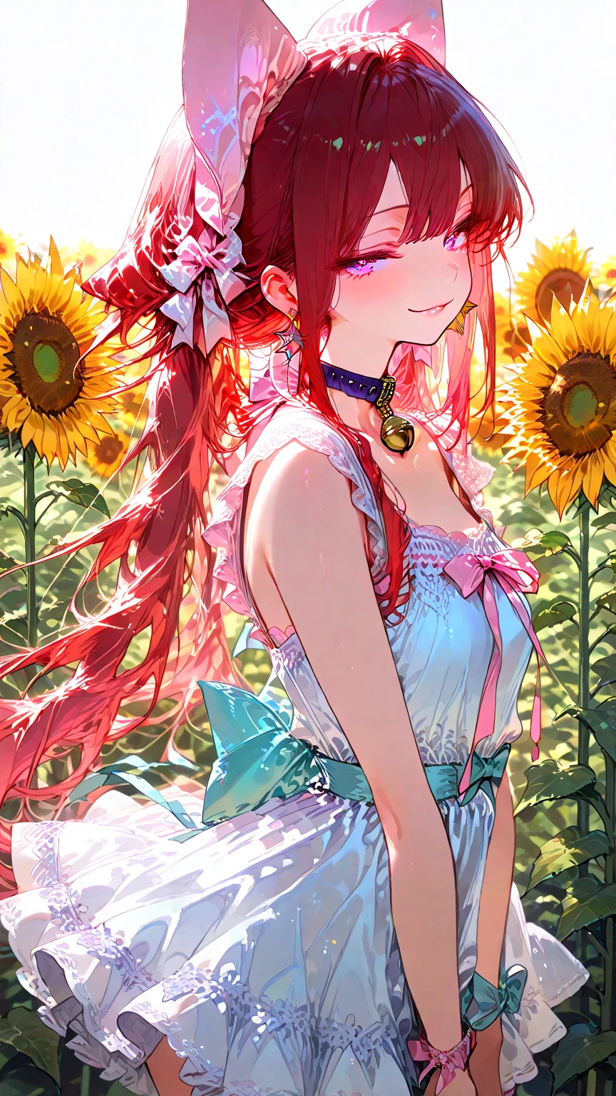 a park,(Yellow sunflower flowers on background,A red rose,Confusion of white roses:1.3),Sophisticated clothing,Dress femininely、Lace tops and pastel skirts,(Floral hair ornament,Floral braided top knot,Twisted Side Part Ponytail,Floral braided headband,half up、Floral Braided Space Van,Voluminous Fishtail Braids,Twisted chignon),(Bangs are see-through bangs),(((emphasizing breasts:1.3))),(Dynamic angles),(Dynamic and sexy poses),(bending forward:1.3),(((Dignified statue))),Disturbance of clothing due to movement,breast slip,hair pin,a necklace,piercings,Beautuful Women,.Perfect face,(A cheerful smile that makes the viewer happy:1.7),(Stretch out your arms and hug:1.7),large full breasts,,Intricate details,Very delicate and beautiful hair,photographrealistic,Dreamy,realistic shadow,Solo Focus,Beautiful hands,Beautiful fingers,Detailed finger features,detailed clothes features,Detailed hair features,detailed facial features,、(Professional Lighting),(Photorealsitic:1.3),(Raw photo.),(masutepiece,top-quality,Ultra-high resolution output image,) ,(The 8k quality,),(Image Mode Ultra HD,)