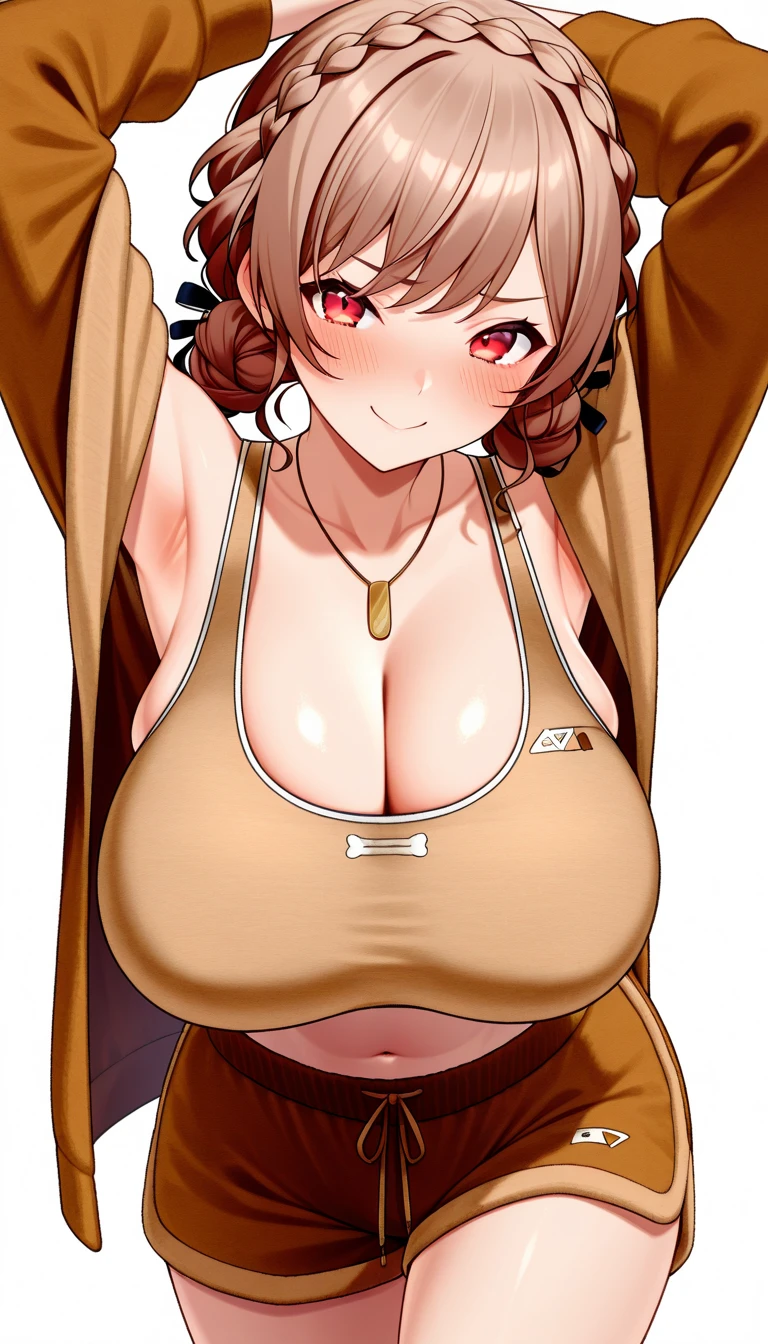 1girl, swimsuit, bikini, solo, eyewear on head, nipples, huge breasts, white bikini, sunglasses, jewelry, ahoge, necklace, white background, large areolae, looking at viewer, blush, brown hair, cleavage,milf,huge breasts,(shiny skin),(mature female:1.2),sparkling-anis,