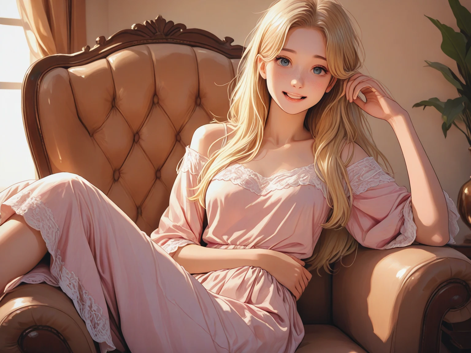 1girl in、Top image quality、Woman in her 20s、hposing Gravure Idol、a blond、blue eyes、inside in room、dressing gown、The table、sit a chair、A slender、realisticlying、ren、A slight smil、Be sure to draw your face、Correctly depict the structure of the human body、Looking at the camera、