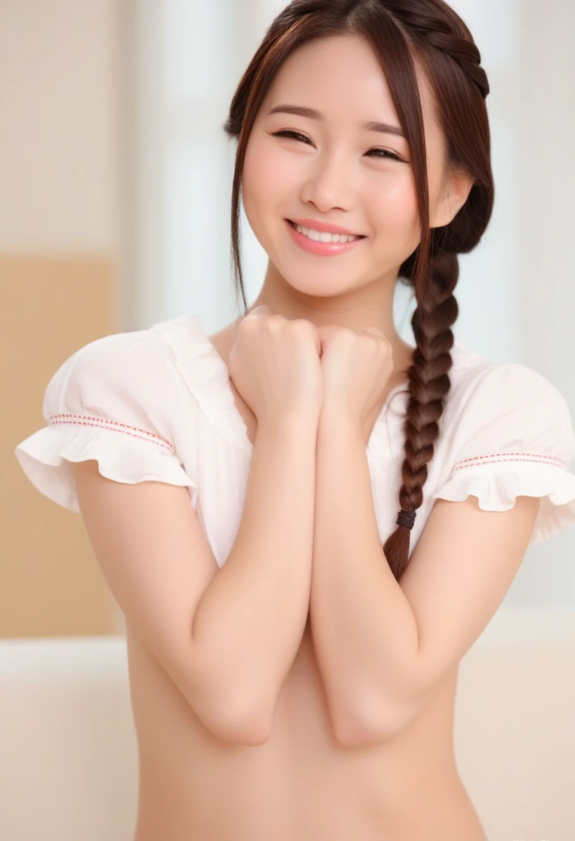8k, RAW photo, best quality, masterpiece, realistic, photo-realistic, clear, professional lighting,beautiful face, best quality,1young girl,embarrassed,14yr,japanese girl,detailed face,twin Braid hair,flat belly,((((naked))),solf smile,(at bedroom),lying on bed