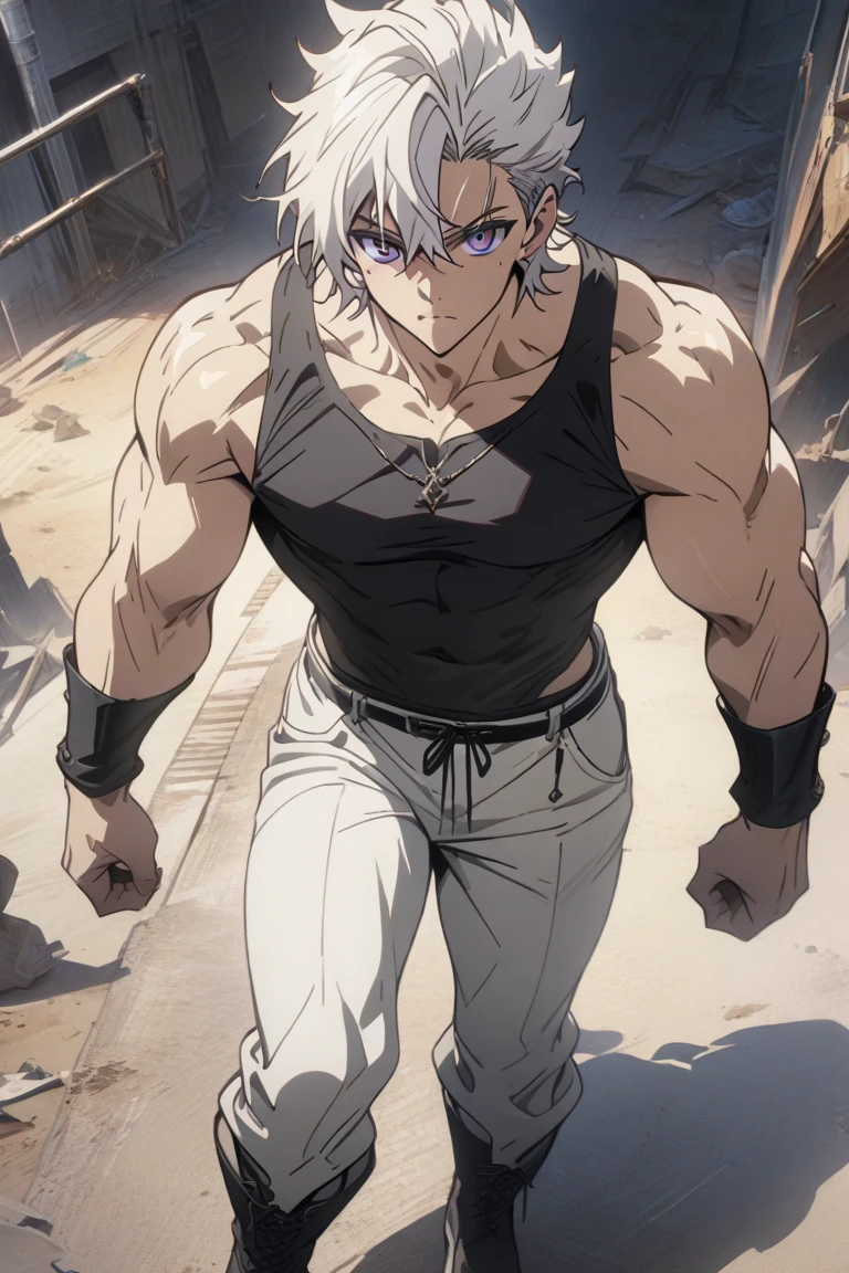 Young man, muscular and robust body, short gray hair, black blouse, blacksmith-style leather jumpsuit, stitched leather boxing gloves, dirt stains on the body, fight wounds on the body, innocent smile, pointed nose, necklace with blue drop symbol, boxer pose, "Anime features inspired by One Piece, drenched in dramatic and incredible lighting, dramatic lighting, infused with creative details, ultra-fine 2D design, scenery bathed in creativity, bathed in creativity, boasting HD anime resolution clarity, HD anime graphics, high-octane rendering"