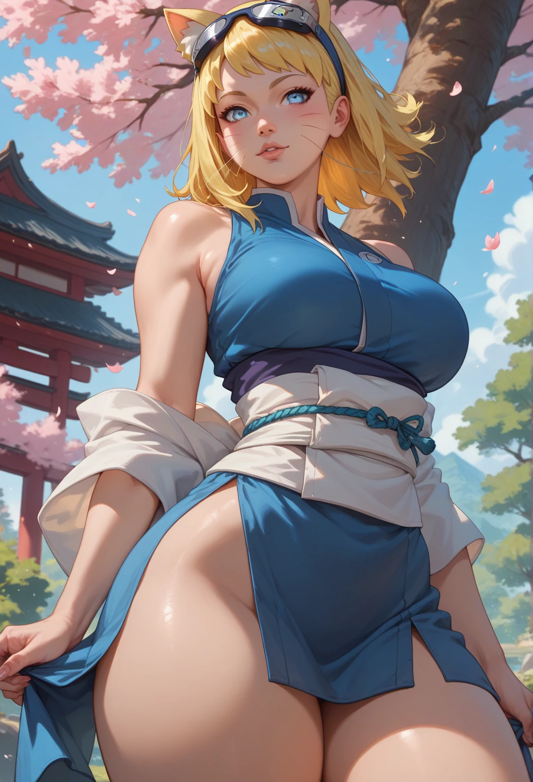 cuerpo completo,Plan completo,SFW,The Russian goddess princess in the picture of a geisha with big bright blue eyes and long fluffy Nordic type eyelashes with a perfect elegant figure and very long fluffy wavy hair of bright wheat color is in full growth in the alley against the background of Japanese pink sakura blooming in bright navy blue kimono color and Japanese shoes gain a bright navy blue color, The girl's lace kimono is intricately patterned with ultra-short frank cutouts..., Small breasts with protrusion are visible through the fabric and on the girl's ears there are beautiful earrings with precious navy blue sapphires that shine and shine in the light... The soil on which the girl is located is strewn with cherry blossoms..., The scene is highly artistic, High resolution, foco nítido, Migjorni-V5 artistic style, hiperfotorrealismo, proporciones perfectas, Photo of the golden ratio, Bengala, contorno, luz del sol, brillo suave, enfoque suave, Photo-style smooth focus through a Monocle lens.