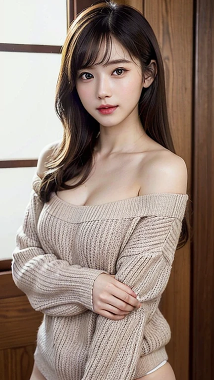 Highly detailed CG Unity 8k wallpaper, top quality, super detailed, masterpiece, realistic, photo realistic, (full body:1.2), very detailed cute girl, ((Sitting)), 25 years old, big breasts, wearing only oversize fluffy sweater, (forehead, long hair), soft lighting, wind, shiny skin, looking at viewer, smile, closed mouth,