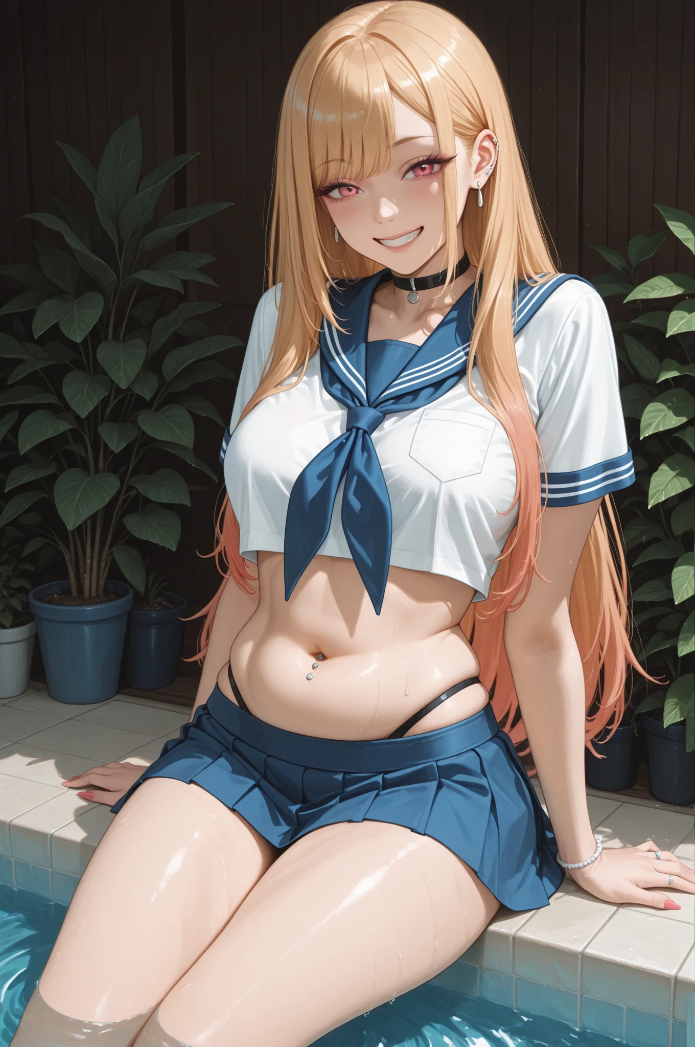 1 lady, HD quality, anime, solo, cowboy shot, (sitting with hands back:1.3), (open legs to limit:1.3), (with one knee up:1.3), (showing pubic area:1.6), (under boob:1.5), (Large breasts), (cleavage), shiny skin, (oiled skin:1.5), smiling, (thin thighs:1.8), (Sailor uniform only for the upper body:1.5), (Crop Top sheer white shirt:1.5), (sleeveless:1.6), without brassiere, (sheer white tiny micro thong:1.5), poolside, (Green detailed eyes), blue sailor collar, high-heeled shoes, red ribbon tie