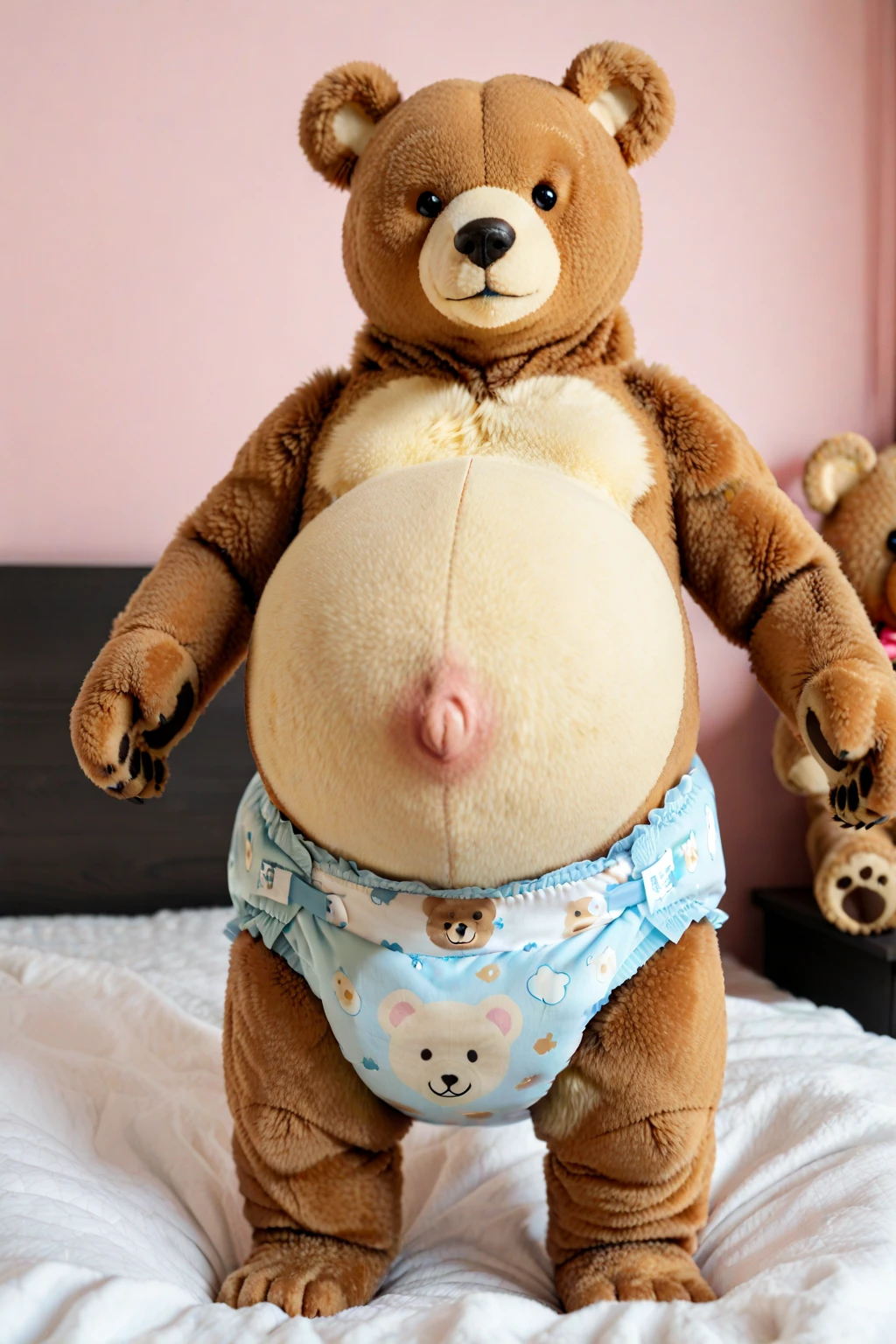 (((detailed eyes, detailed face))), (anthro, polarbear, black eyes), male, (solo), (plump, belly, chubby, overweight), (blue micro g-string <lora:bulge_micro_g-string_findigo_v4:0.3>, topless), (penis through leghole:1.4 <lora:LoraPRLBY_penis_through_leghole:1>, canine penis, balls:1.4, worm's-eye view, low-angle view) BREAK spreading, arms behind back, smile, (by cotora, by shiuk, by zaush), bedroom, soft shading, masterpiece