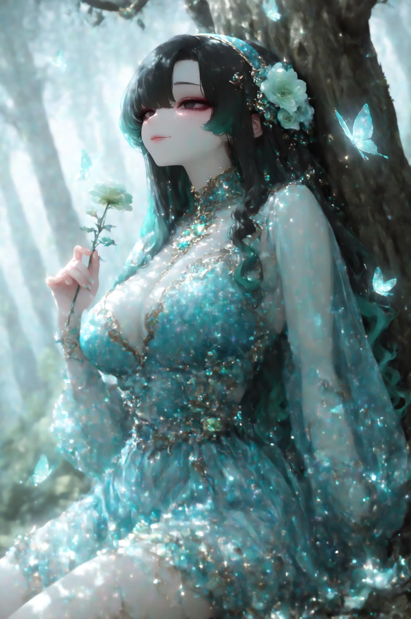(Masterpiece, Top Quality, Best, Official Art, Beautiful and Aesthetic, Long Exposure: 1.2), Smooth Movement, Charming Patterns, 1 Girl, (Long Dress with Sleeves: 1.3), (((multi colour Clothes) )), upper body close-up, bare shoulders, Chinese girl, blush, black lob hair, portrait, solo, upper body, looking at the observer, detailed background, detailed face, (crystallineAI, crystalline theme:1.1), elemental dragon girl, rotation foliage, control foliage, emerald clothing, dynamic pose, floating particles, ethereal dynamics, foliage, vapor, forest in the background, green tint, forest, ethereal atmosphere, naked , erect nipples , blush, empress, lens flare, prefect face, perfect body, ultra detailed, high resolution, unreal engine 5, ultra detailed eyes, colourful hue, magic casting , space portal, full body view