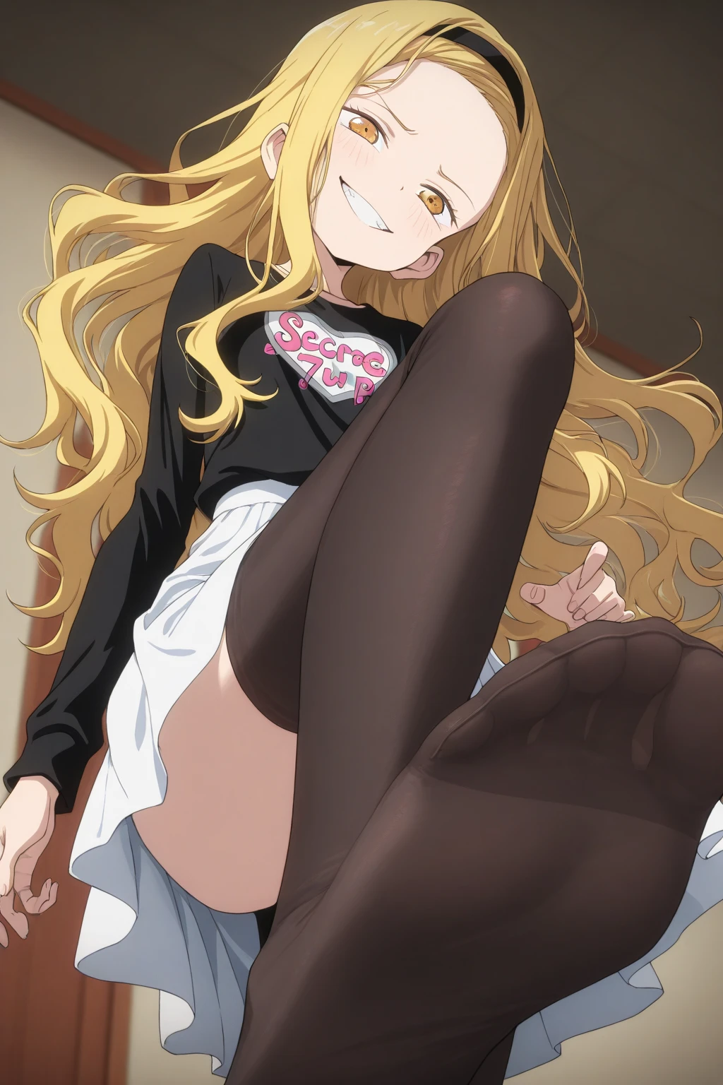 ((soles of feet)),sitting ,(bondage),(hands tied up),(hands bound on),a girl is chained,  restrained, ,bondage,hands tied up behind, sweating ,shadow on her body ,leg up,toes,close-up to feet,small,(feet up to viewer),(close-up to toes),
((((((((masterpiece)))))))), best quality, highly detailed, extremely detailed CG unity 8k wallpaper,illustration,sfw,safe for work,solo,one female,1female,small,
da,abs,pantyhose,flat chest, beret,(see-through), (((small breasts))),slim body,(((sky-blue lace bra))),(((see-through underwears))),(((lace pantie))),dark blue eyes,medium hair,blonde ,smile,
(((cameltoe))),slim,wet body, terrified face, terror, scary,sweating,tears, rough breath, blush,gritting teeth,
indoor, abanded factory, spotlight,dark background,(night),