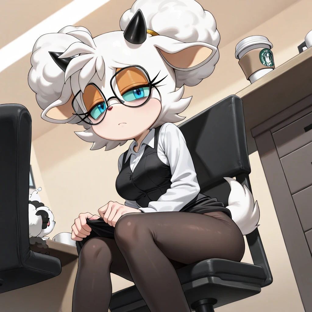 ((best quality)), ((highly detailed)), extremely detailed face, beautiful face, , (1girl), (glasses), multiple views, sexually suggestive, <lora:hairdetailer:.5>, <lora:mouse_girl-1.0:.7>, (mouse girl), white hair, pink eyes, mouse ears, (mouse tail), (inside, in an office, office lady, desk), <lora:tobias_wheler:.7>
