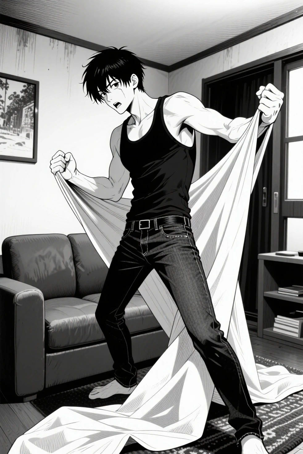 a very skinny black boy with short hair, his body is skinny and he is only wearing white underwear manga line art manga panels