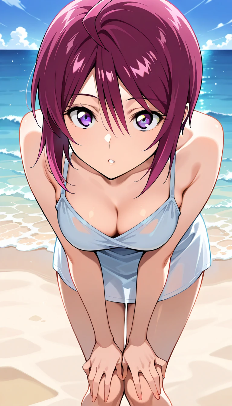 (masterpiece), (best quality), 1girl, medium breasts, id_maki_nishikino, bikini, looking at viewer, from below, smile, white background, facing front