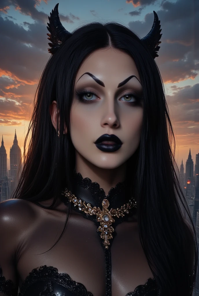 masterpiece, best quality, {30 year old woman}, long black hair, expressionless, windswept hair, black leather corset, black lipstick, detailed eyes, looking in front of the camera, gothic architecture, outside, modern city scenery, facial piercings, building with mirrored glass, twilight, black arm touches, lip piercing, {eroticism 1.5} --auto --s2