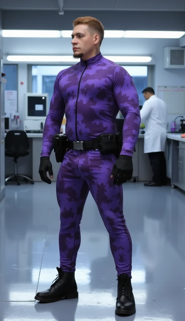 male, security guard, tight spandex uniform, purple camo suit, black gloves, black boots, black belt with pouch, ginger buzz short haircut, muscular build, standing pose, glossy floor reflection, sci-fi laboratory background with a some scientists working




