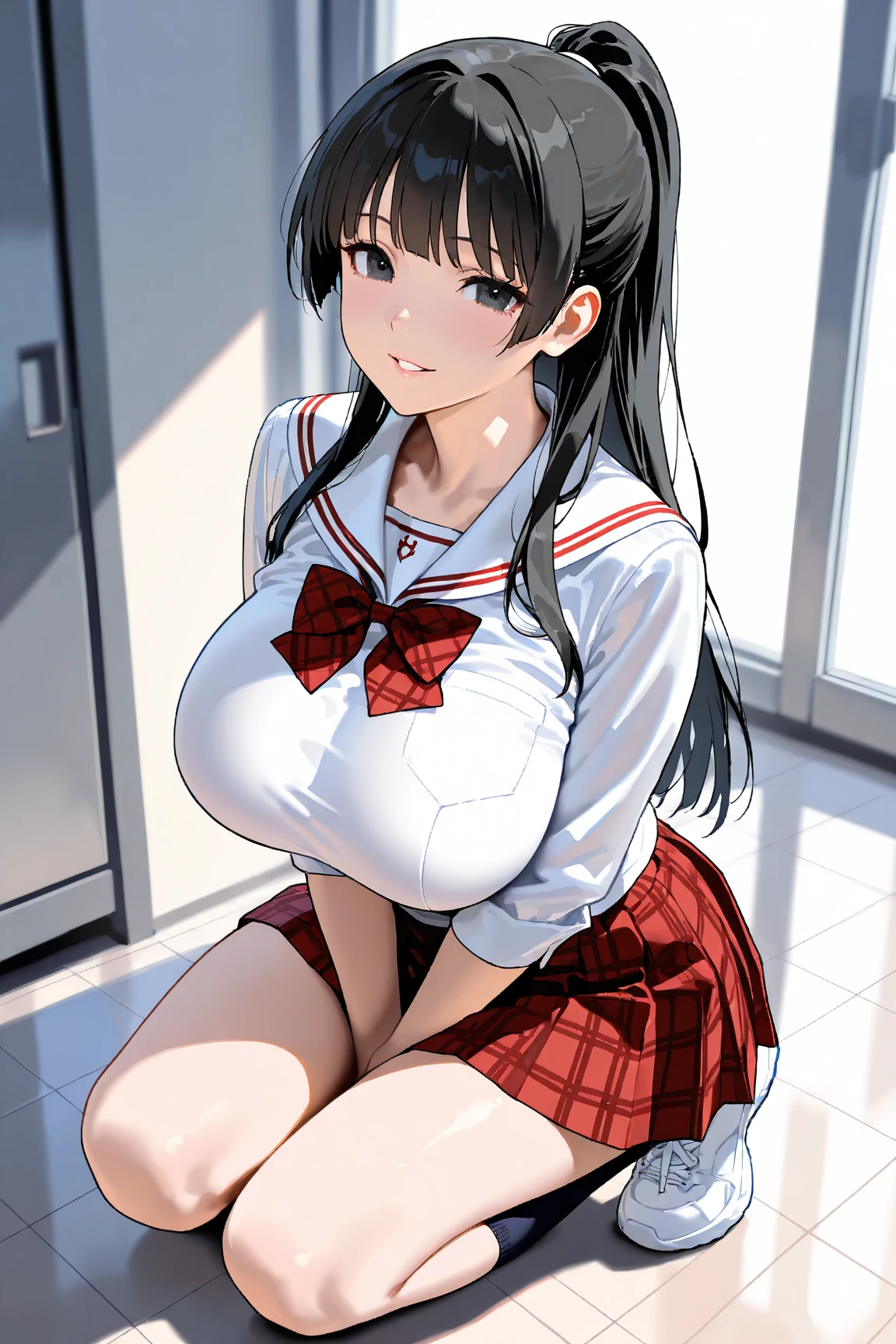 yukinoshita_yukino, 1girl, solo, sobu_high_school_uniform, skirt, long_hair, black_hair, thighhighs, shirt, school_uniform, white_background, white_shirt, simple_background, black_thighhighs, plaid, plaid_skirt, zettai_ryouiki, ribbon, looking_at_viewer, pleated_skirt, blue_eyes, smile, collared_shirt, short_sleeves, bangs, neck_ribbon, cowboy_shot, red_ribbon, dress_shirt, bow, closed_mouth, hair_between_eyes, breasts, miniskirt, bowtie, bracelet, red_bow, (masterpiece:1.2), ((best quality:1.3)), ultra-detailed, ray-traced, high-fidelity textures, crisp focus, dynamic pose, dynamic art, dynmic angle, huge breasts,