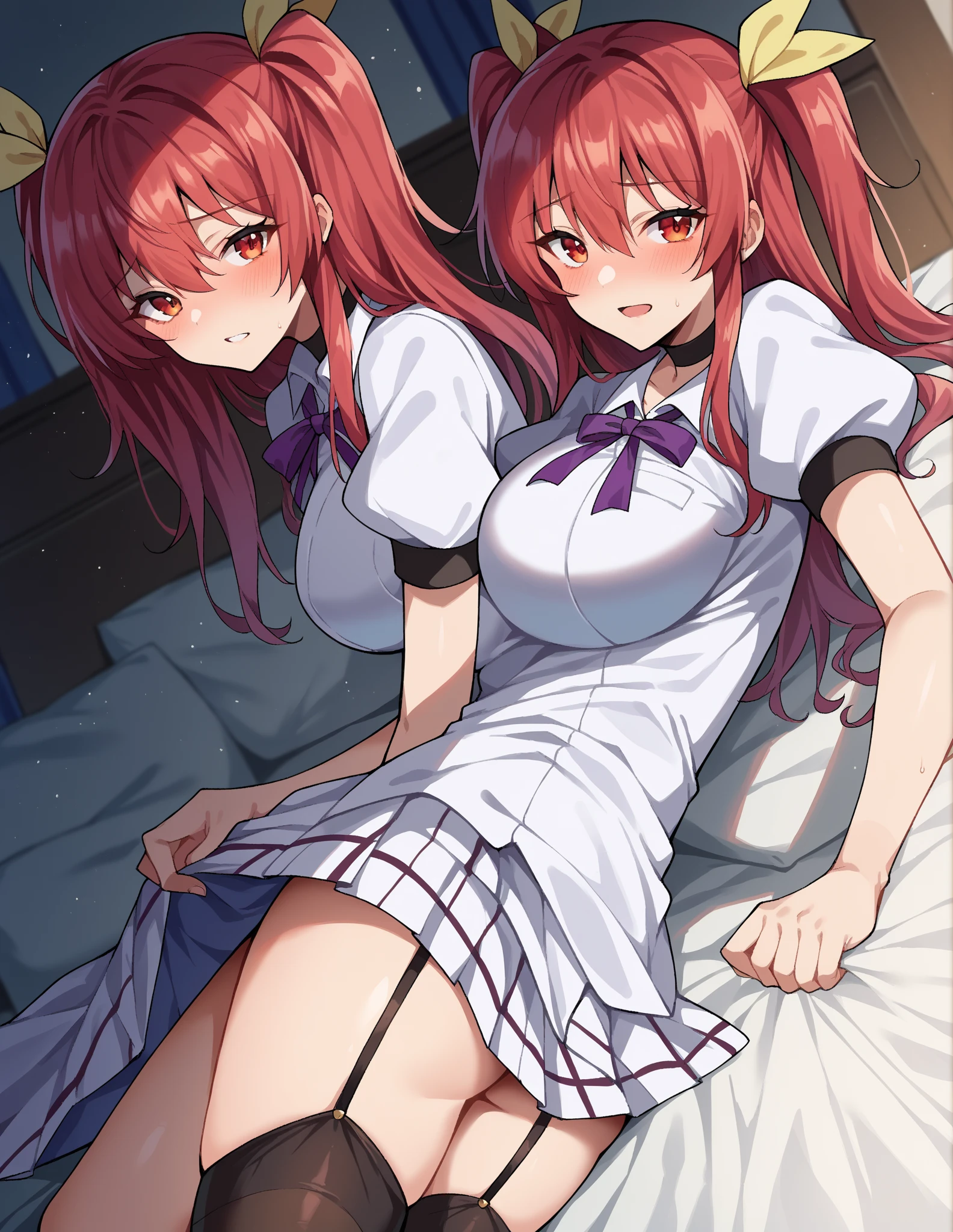 Highest quality, masterpiece , wallpaper, One beautiful girl, Highly detailed eyes and face, Beautiful attention to detail, Blue Eyes , Beautiful dark red hair , deep night, 20-year-old , Large Breasts、Nipples   , Hairstyle Nuance Long , Mole on cheek , Ahegao , Ecstasy face , Masturbation Climax , Sticking out tongue  , Drooling from the mouth , Nakano May , sweating a lot , Costumes: Yukata  , show off your vagina  , Pose to invite men , no bra no pants   , Mouth very wide open , Expression of sigh  , time night