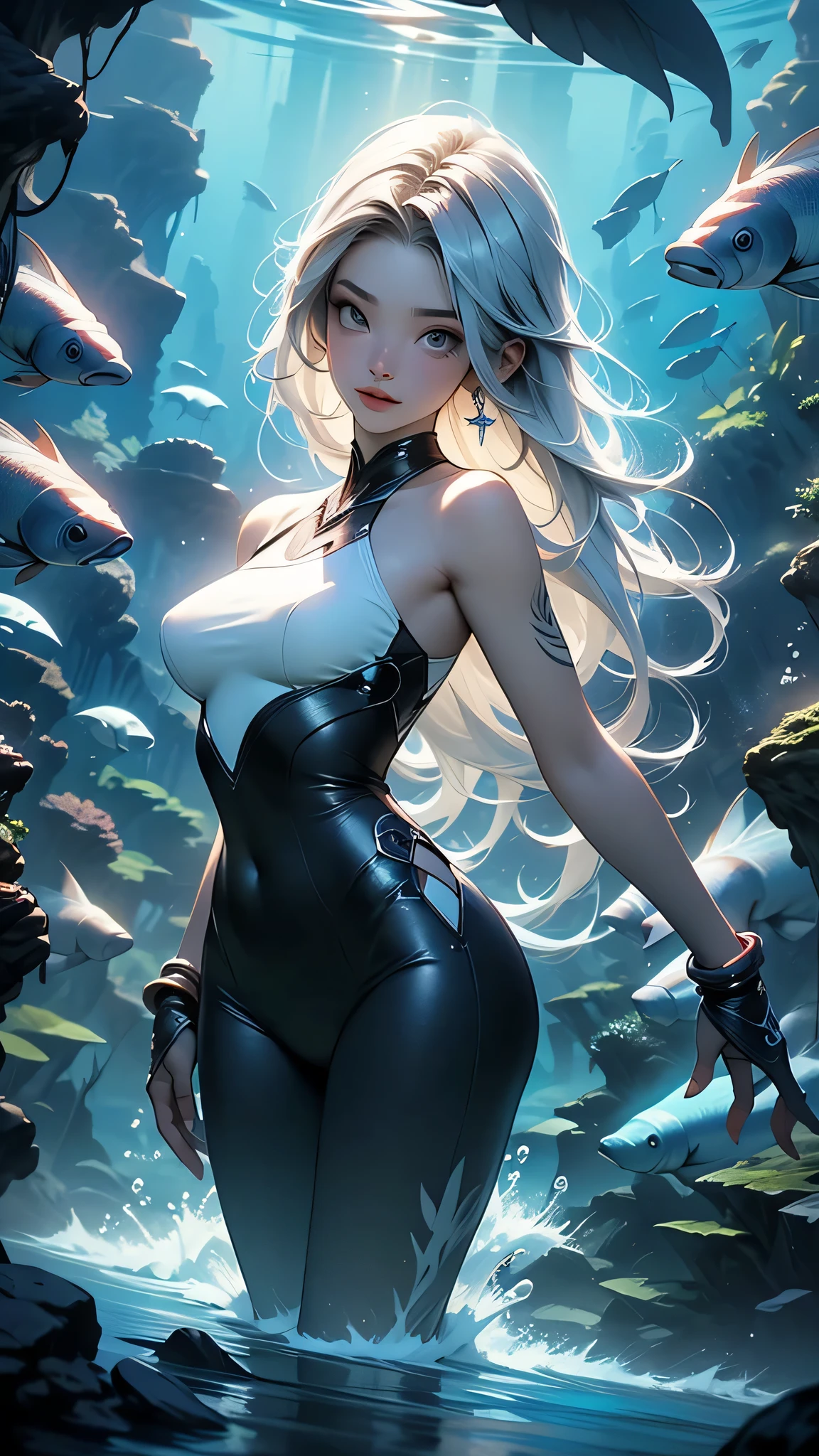 (High resolution)),((Game CG)),(masterpiece),(highest quality), (Very detailed),shape,((Very delicate and beautiful)),　, Very embarrassed look,Looking at the audience,(((18-year-old female)),((whole body)),Detailed face and eyes,Jewel-like eyes,(Loosely braided long hair),,,(Super huge breasts,Long and slightly saggy breasts,Very large nipples）　　Silver hair and black eyes　　　　Plump body　Rubber suit, mini skirt, fishnet stockings, fishnet chest, belly button exposed, very fine fishnet