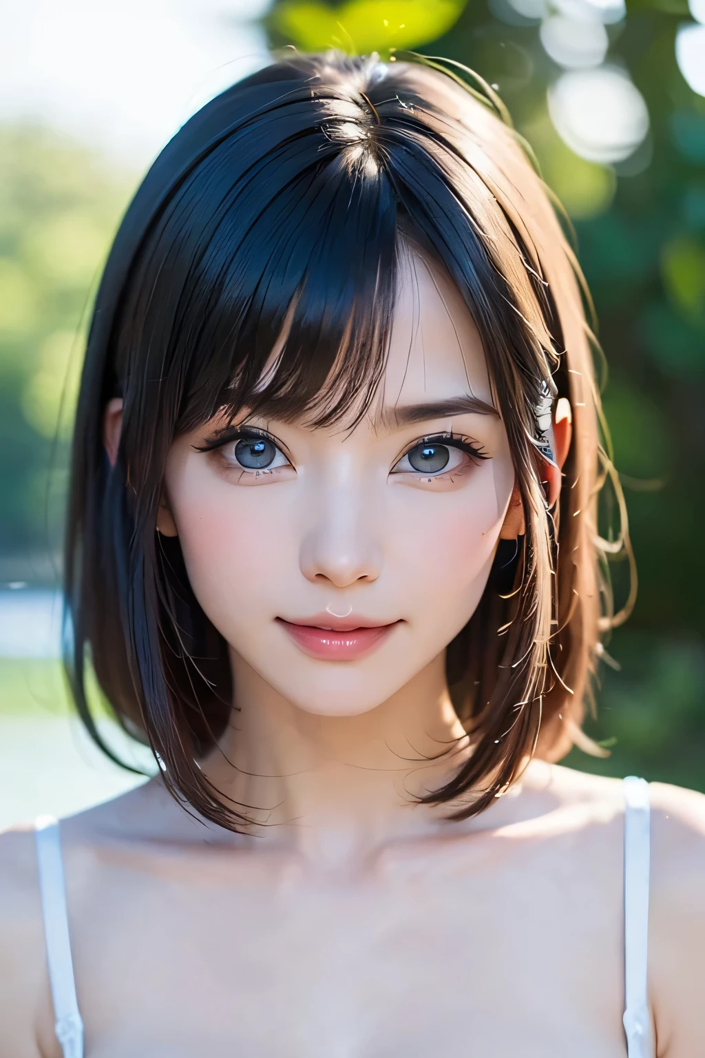 ((nsfw、top quality、best quality、just one beautiful and cute woman、 A beautiful woman with a very cute golden ratio who boasts overwhelming beauty、The beauty of symmetry、realistically depicts everything in high resolution high definition、God of rich nature、Beautiful and cute face、 Eyes drawn in high resolution 、lashes drawn in high definition、Beautiful and cute symmetrical faces, A long, beautiful neck、bangs:1.9 、Beautiful Décolleté、gloss、Perfect Anatomy、cute smile、Teen))、({gigantic|big|huge|mega} breasts, cleavage)、ideal ratio、Golden Ratio drawn in high resolution、perfect anatomy、 Transparency、sparkling、Off Shoulder、((beautiful teeth、expressive、Love projected on camera、I'm a little shy、bangs, beautiful landscape with only rich nature and bright green in the background、moist blue background of water、beautiful blue sky))