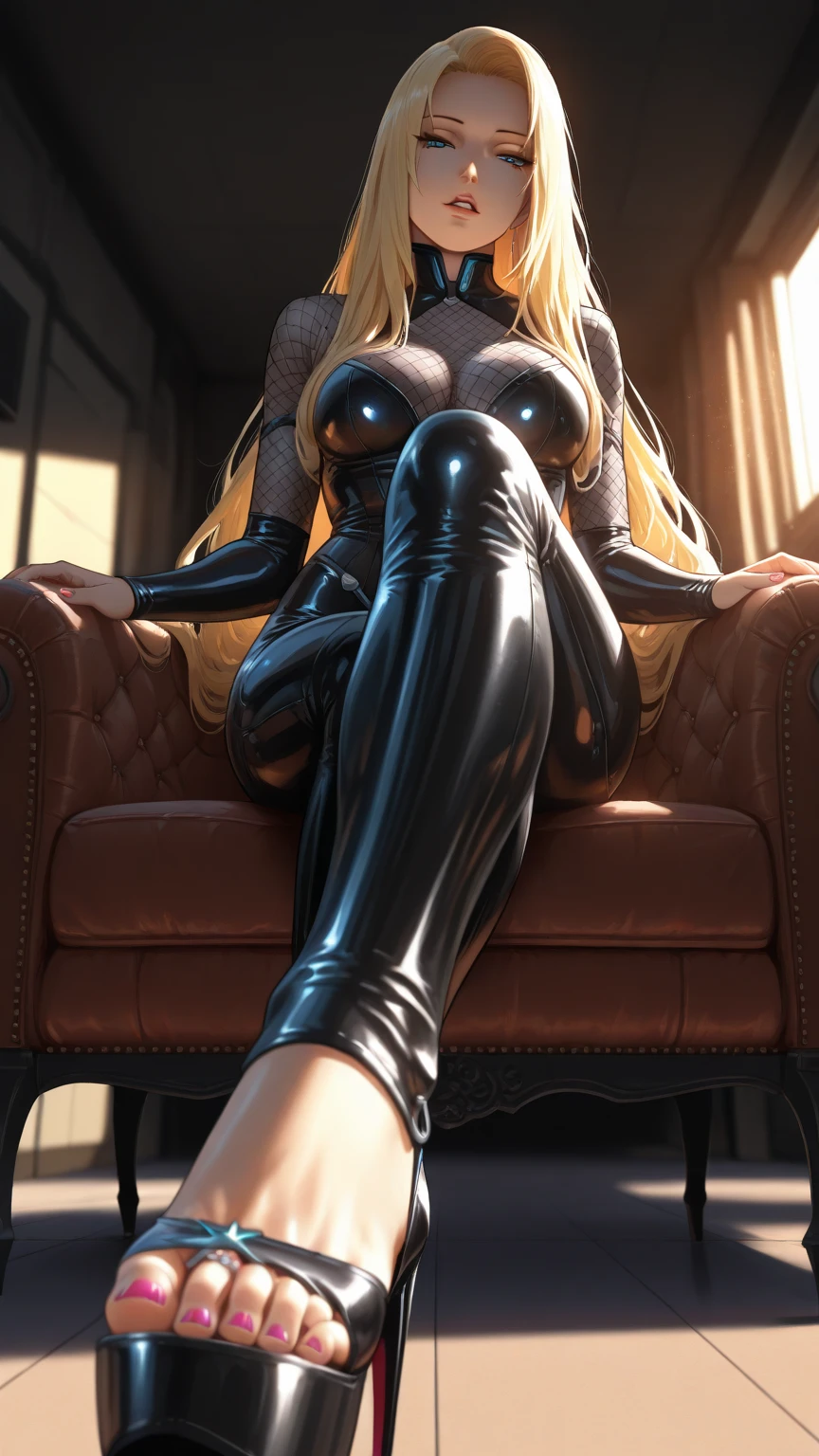 (((Blonde stunning hair))), (blue eyes), blue necklace, Golden earrings, Fit, Gorgeous Body, gorgeous, brown eyebrows, (two moles over lip), big pupils, (23 years old), 1girl,solo, complex skin, warm light, (large breasts), wide thighs, round butt, 5 fingers, ((blushing)), ((detailed face, best quality)), ((masterpiece)), ((ultra-detailed)), (beautiful detailed eyes), red lip, eyeshadow, beautiful face, long hair, very detailed eyes, intricate details in eyes, perfect lips, good lighting, cleavage, girly bedroom background, pink bedroom, ((Black latex leggings)),(knees wide open, sitting on bed), (full body, POV: 1.5 from the bottom-middle), character in the middle of the portrait