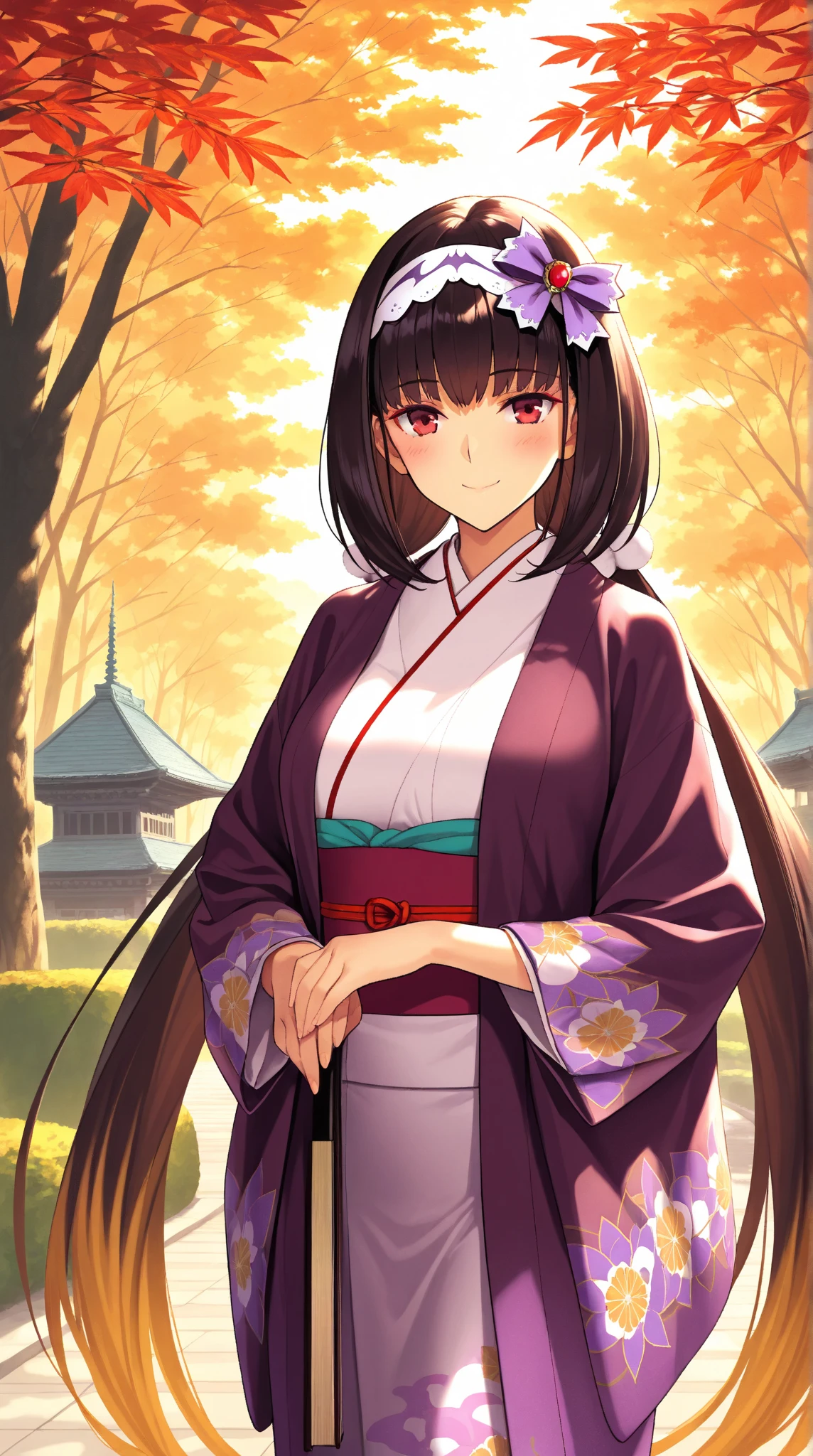 (masterpiece), best quality, expressive eye, perfect face, mature female, medium breasts, cleavage, long hair, (hair over one eye), very long hair, straight hair, black hair BREAK yellow eye BREAK ((Sakura forest, sakura blossom)), standing, light smile, closed mouth, daytime, purple kimono BREAK looking at viewer, grass, landscape