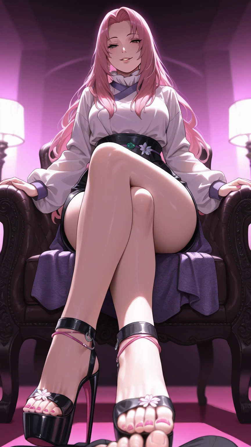(masterpiece, best quality, ultra-detailed, best shadow), (detailed background), (beautifully detailed face), high contrast, ((cinematic light)), colorful, hyper detail, intricate details, Pixiv Anime Realism Trends, depth of field,

1girl, solo, (ara ara mature femdom look) opulent sexy shattered outfit, extremely seductive look, disgusted demanding face,(perfect beautiful face), royalty presence, pink eyes, very long braid),
feet, perfect feet. bare legs soles, five toes,

towering over you, sitting on the high chair, classroom background