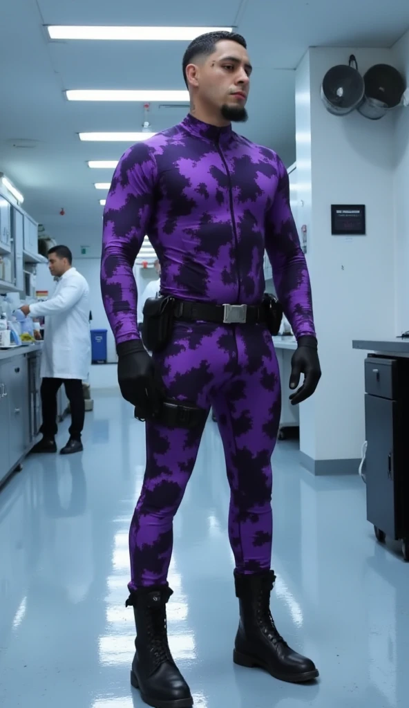 male, security guard, tight spandex uniform, purple camo suit, black gloves, black boots, black belt with pouch, buzz short haircut, muscular build, standing pose, glossy floor reflection, sci-fi laboratory background with a some scientists working




