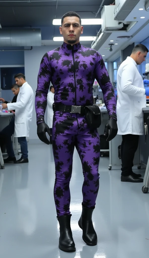male, security guard, tight spandex uniform, purple camo suit, black gloves, black boots, black belt with pouch, buzz short haircut, muscular build, standing pose, glossy floor reflection, sci-fi laboratory background with a some scientists working




