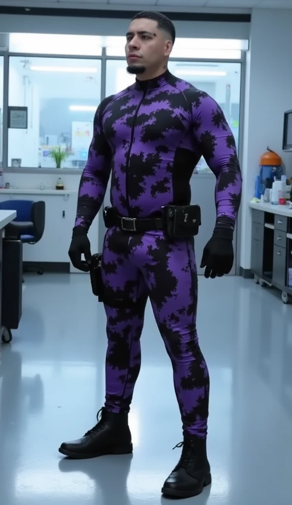 one male, security guard, tight spandex uniform, purple camo suit, black gloves, black boots, black belt with pouch, buzz short haircut, muscular build, standing pose, glossy floor reflection, sci-fi laboratory background



