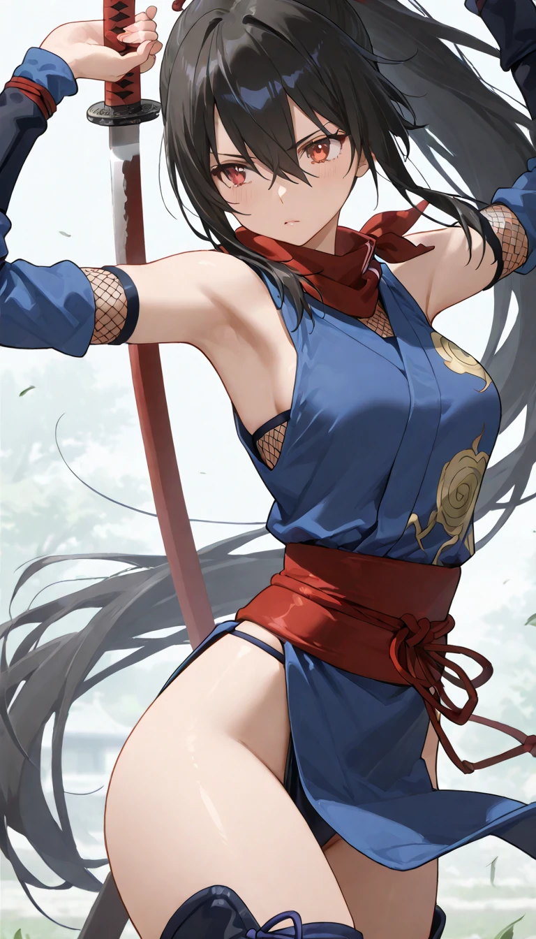 masterpiece, high res, detailed face, detailed eyes, 1 girl, solo, wind, slender, angry, short hair, brown hair, brown eyes, blue white dress, dress side cut, orange obi, bare shoulders, gauntlets, full body, ninja pose, kunai, cowboy shot, indoors, japanese castle, throwing knifes <lora:Mizuki:0.8>