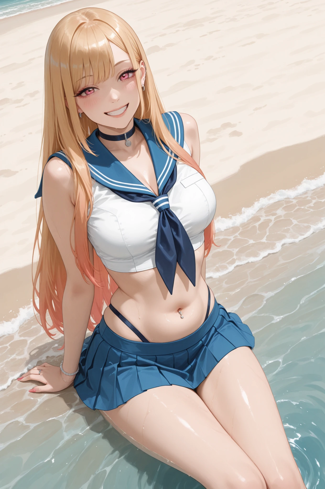 1 lady, HD quality, anime, solo full body shot, (sitting with hands back:1.3), (open legs to limit:1.5), (with one knee up:1.3), showing  pubic area:, (under boob:1.6), Large breasts, (cleavage), shiny skin, smiling, (thin thighs:1.3), (Sailor uniform only for the upper body:1.5), (Crop Top sheer  white shirt:1.5), (sleeveless:1.6), without brassiere, (sheer white tiny micro thong:1.5), poolside, (Green detailed eyes), blue sailor collar, red ribbon tie