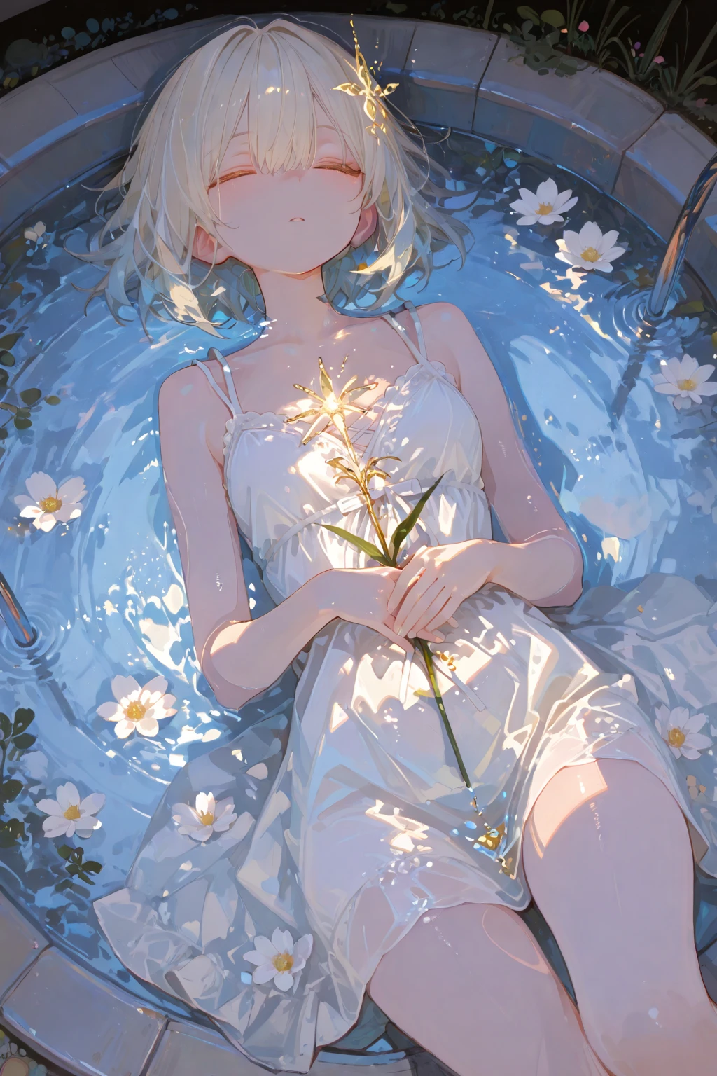 (((flowers in the foreground))), ((flowers and leaves)), continuation of the leg, (continuation of the water)