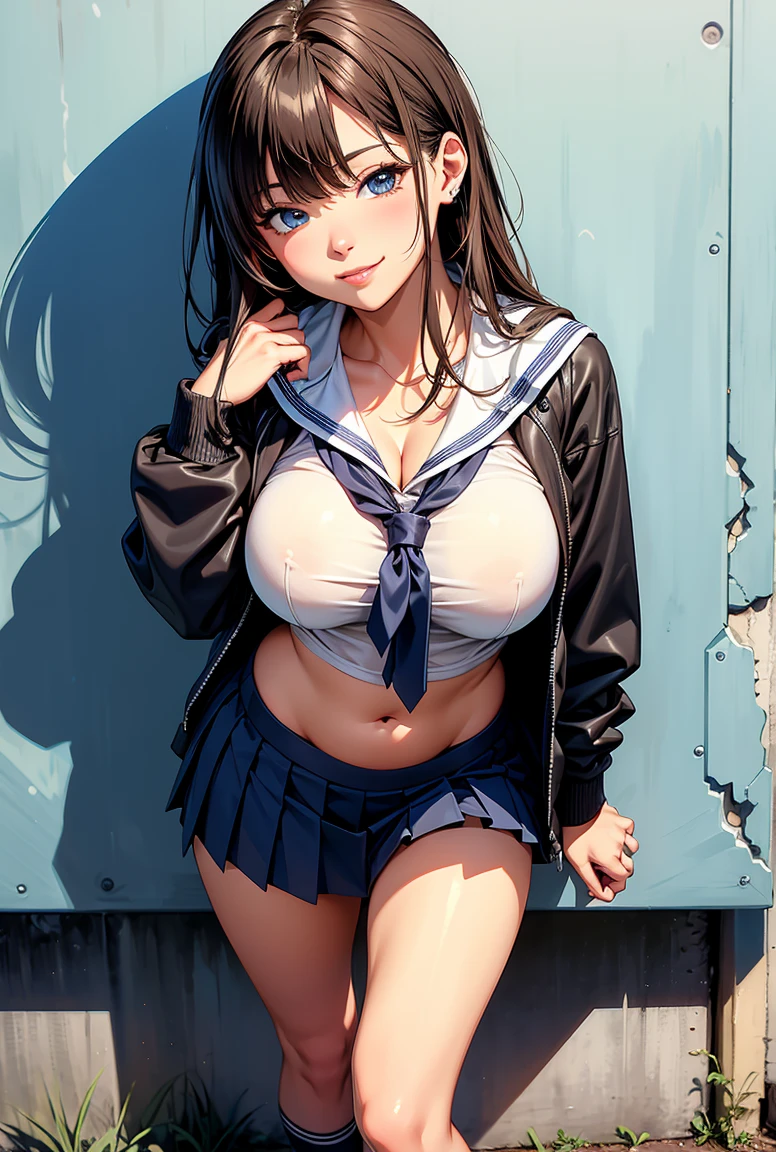 A woman, Sailor suit, long hair, dynamic pose, 3d, (8k), detailed texture,(hyperdetailed), (photo realistic), cinematic light, cinematic action, highly detailed, realistic, Isometric, full body, in frame, driven expression, dark theme, (extremely detailed eyes), detailed symmetric realistic face, extremely detailed natural texture, masterpiece, extremely detailed, amazing, fine detail, rich colors, hyper realistic lifelike texture, dramatic lighting, unreal engine, trending on art station, photo realistic, RAW photo, high quality, high res, sharp focus, extremely detailed, cinematic lighting, 8k, high definition, cinematic, neoprene, unreal engine 5, ultra sharp focus、(((Cowboy Shot)))、Lighting on the face、A little smile 、(((Showing her white bra and white panties to the audience)))、(The underwear has a simple design) 、((Lift up your bra))、((Perfect Bust、largebust、Perfect areola、Perfect nipples visible))