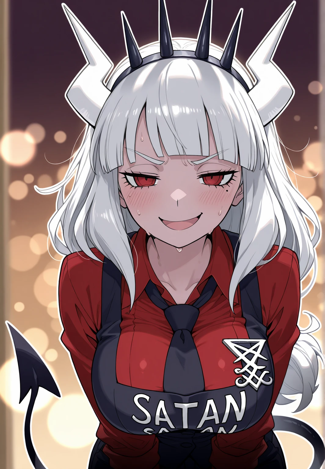blunt bangs  closed eyes demon girl goat girl large  pinstripe pattern red shirt smile white hair