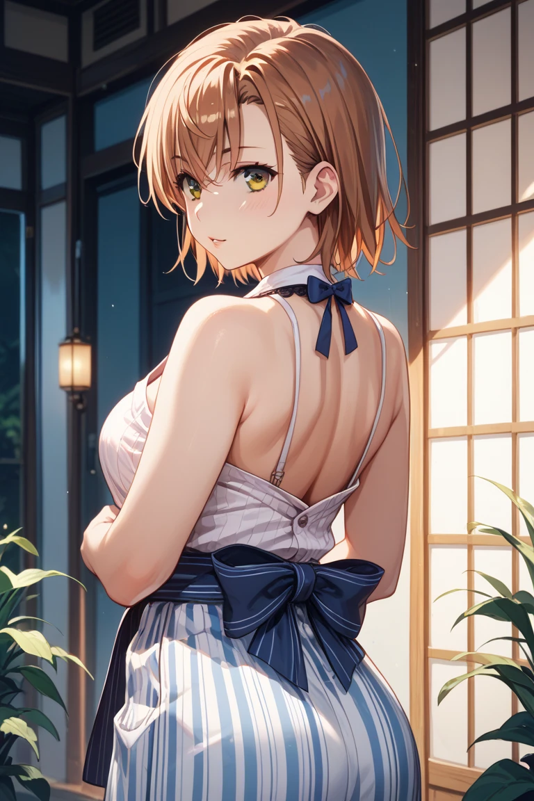 (A masterpiece of image quality in 8K),(Beautiful Allafed Woman),(((emphasizing breasts:1.3))),(Dynamic angles),(Dynamic and sexy bending pose:1.3),,(Short hair in shiny silver and orange inner colors,large full breasts,Disturbance of clothing due to movement,breast slip,(Ponytail twisted buns adorned with elaborate braids and beads,Braided Setup Fishbone Hair,),(see-through bangs),(((Large white lace apron on bare skin)))、Blush with embarrassment、Enraptured eyes、A smile that beguiles the viewer、(Look back:1.7)、Look into the photographer,skin glistening with sweat,gazing at viewer,,(Professional Lighting),(8K,masutepiece,top-quality,Ultra-high resolution output image,),(Ultra HD with complex detail image modes),depth of fields,Beautiful hands,Beautiful fingers,Detailed finger features,(Detailed hair features:1.7),detailed facial features,detailed clothes features,