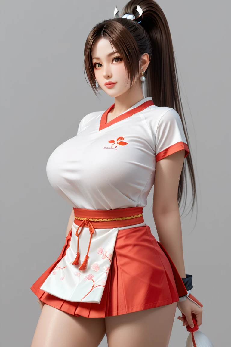 A beautiful Thai of Japanese descent model is cute face and red lips and big breasts size "cup E" in a pink short skirt and white boots posing riding the red Suzuki superbike at a festival track. A full body shot with a low angle camera view and natural lighting, in the style of Fujifilm photography