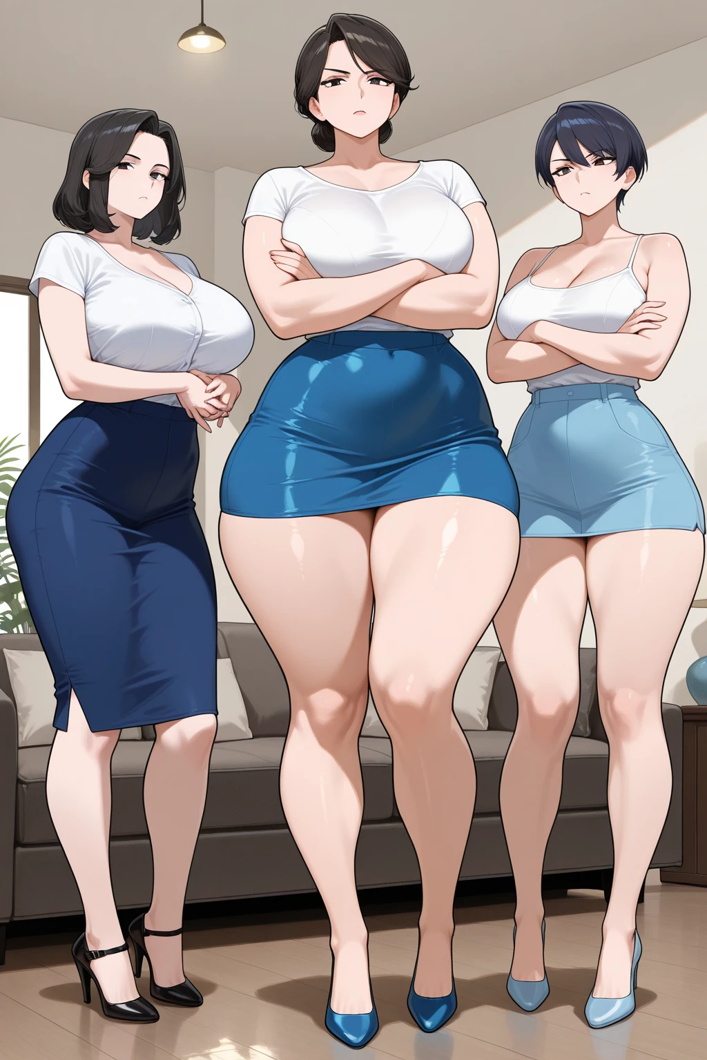 multiple thick body females and one male character at the pool daytime, all females wearing short skirt panties exposed, all females wearing different style lace pattern bra and panties, some females lounging on long sofa side by side, some females kneeling with their breast on sofa and knees on the floor while showing butt to camera, spread their legs open at viewer, (spread her legs) show panties at viewer, panties exposed while hands spreading legs open, some nipples showing, show breast hanging out