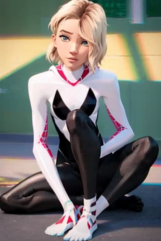 realistic,high contrast, (curvy female figure), 1girl, sgwen, outdoors, street, squatting over you, spidergwen costume, thight clothes, very curvy body, round peachy ass, thick hips, (erotic), planturous body, shirt, skirt, slutty outfit,